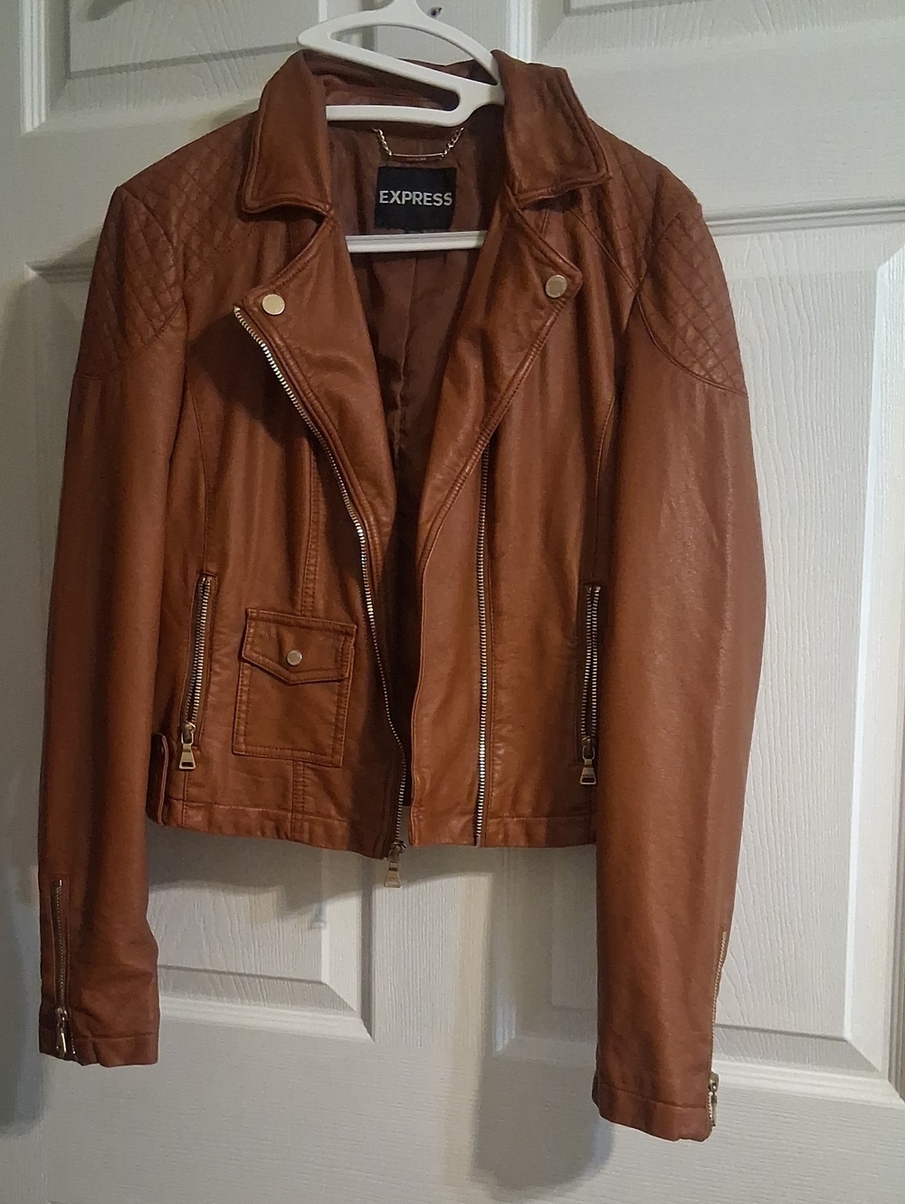 Express Cognac Faux Leather Quilted Shoulder Moto Jacket
